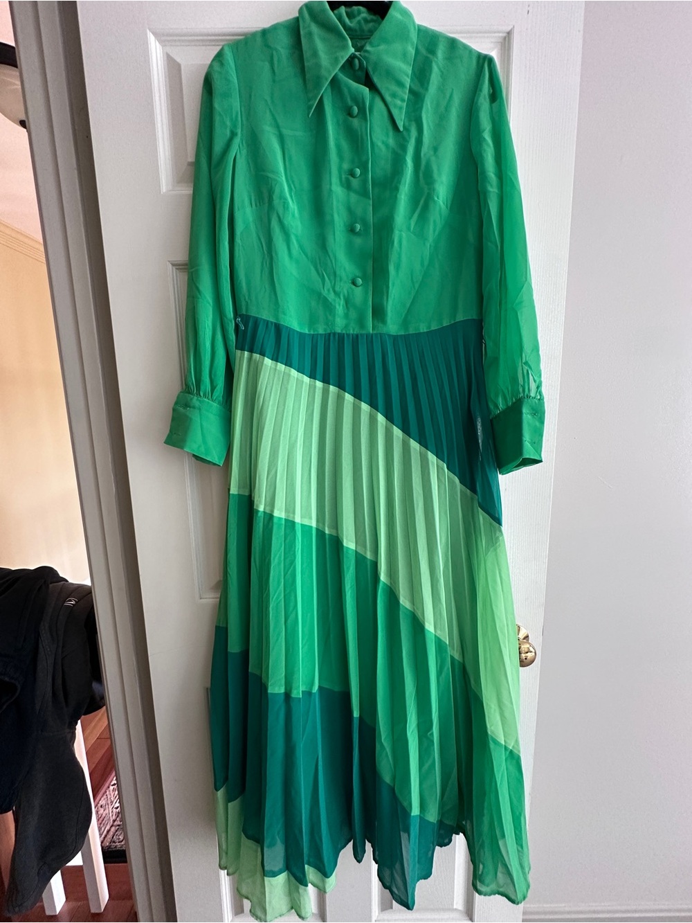 VTG Emerald Verdict Green Geometric Women's Long Sleeve Pleated Dress M